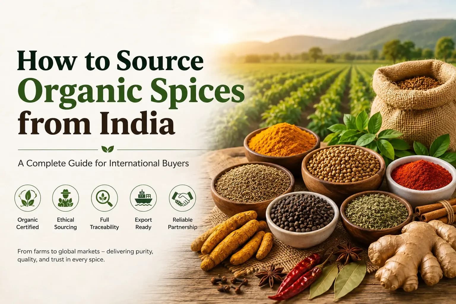 Organic spices from India including turmeric, cumin, coriander, black pepper and dried herbs